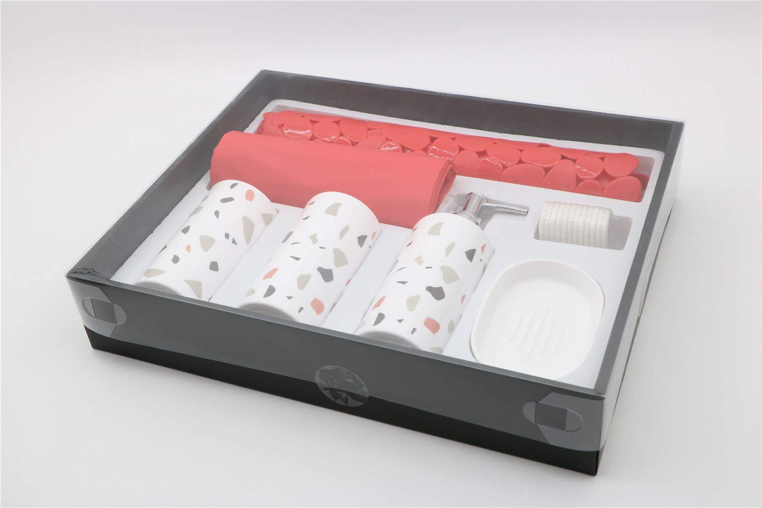 Modern 7-Piece Plastic Bathroom Accessory Set – Soap Dish, Toothbrush Holder, Soap Dispenser, Tumbler, Shower Curtain, Curtain Rings & Bathmat