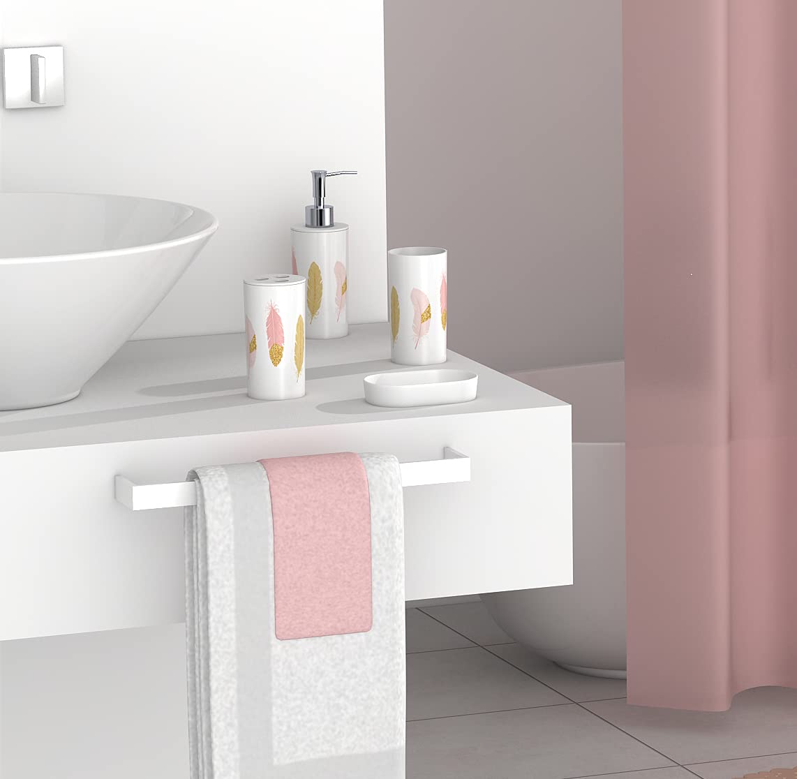 FurnitureXtra Modern Design 7 Piece Plastic Bathroom Accessory Set, Soap Dish, Tooth Brush Holder, Soap Dispenser, Tumbler, Shower Curtain, Curtain Rings and Bathmat
