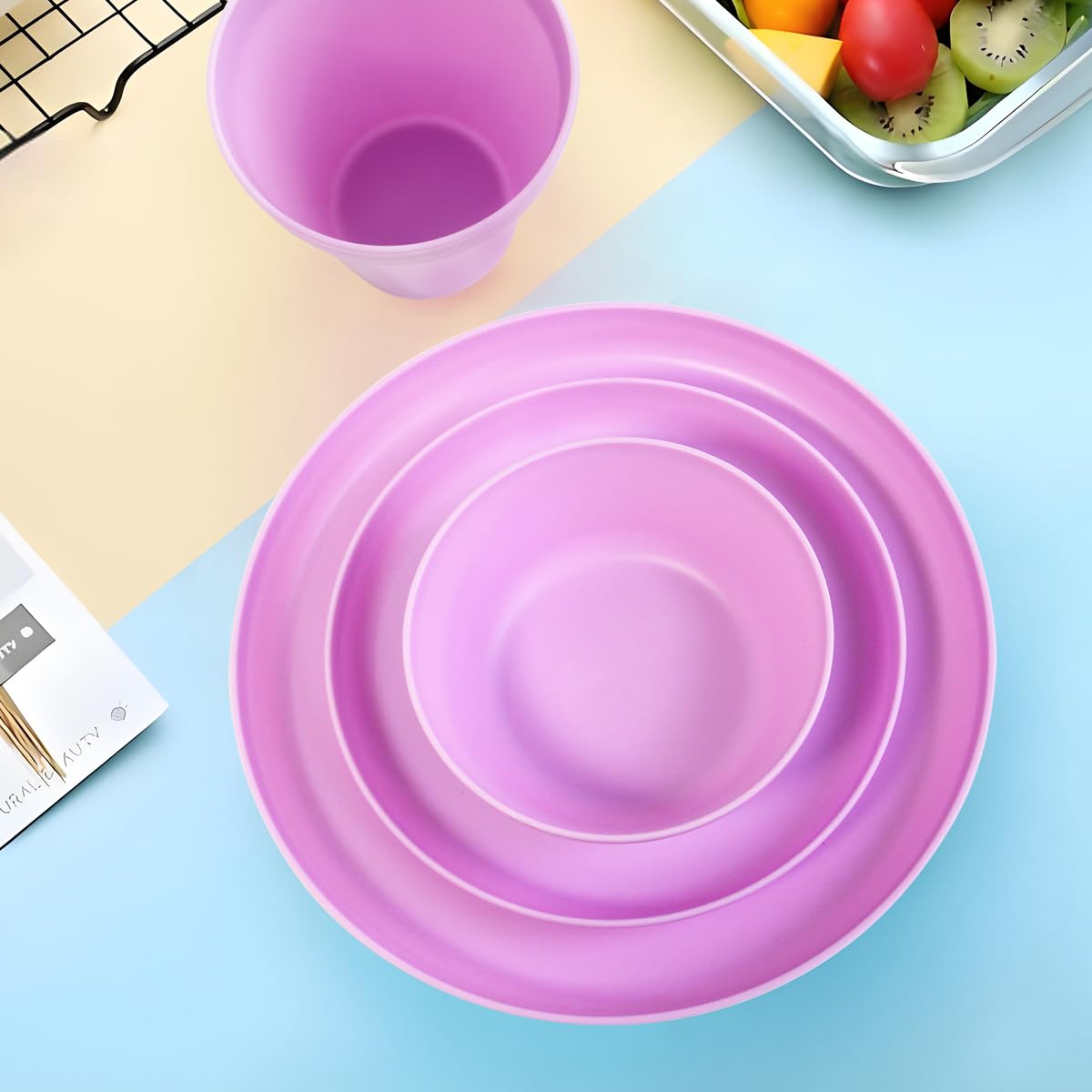 Fingey Plastic Dinnerware Set of 16 Pieces, Reusable Light Weight Plates Mugs Bowls Dishes Microwave Safe BPA Free Dishwasher Safe Service for 4