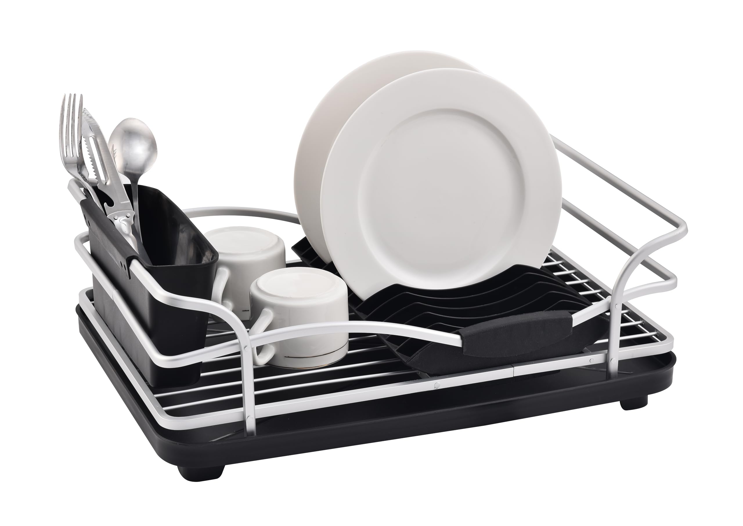 FurnitureXtra Aluminum Dish Drying Rack – Black | Dish Drainer with Drip Tray, Cutlery Holder & Cup Holder