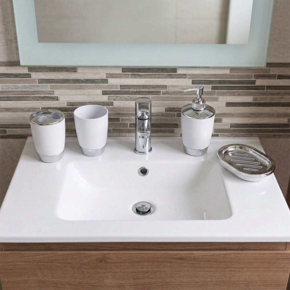 Bathlux Modern Design 6 Piece Bathroom Accessory Set, Toilet Brush, Waste Bin, Soap Dish, Tooth Brush Holder Soap Dispenser, Rinse Cup (White)