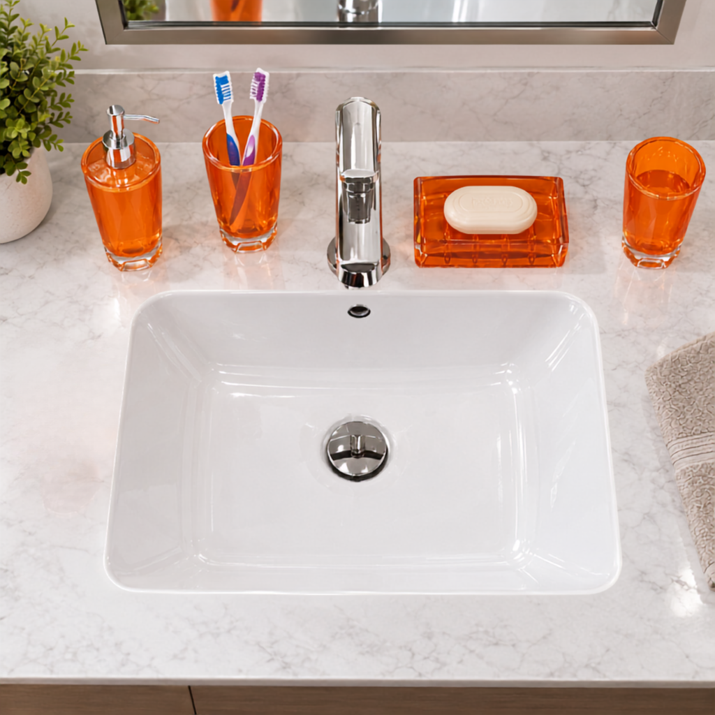 Modern Design 4 Piece Bathroom Accessory Set, Soap Dish, Tooth Brush Holder, Soap Dispenser, Rinse Cup (Orange)