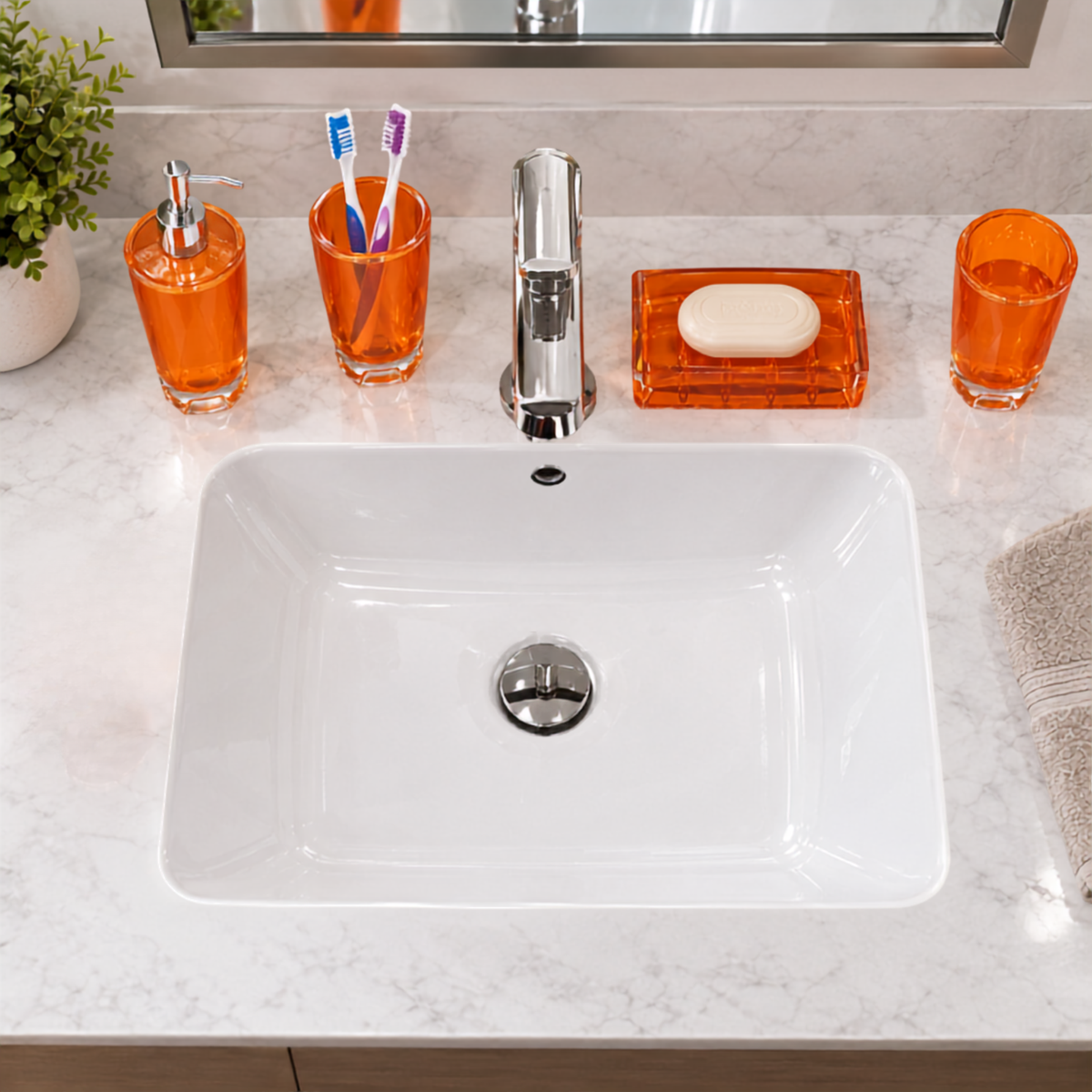 Modern Design 4 Piece Bathroom Accessory Set, Soap Dish, Tooth Brush Holder, Soap Dispenser, Rinse Cup (Orange)