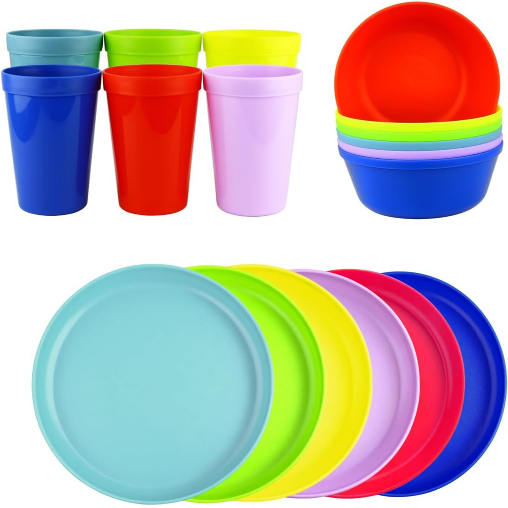 Plastic Dinnerware Set of 18 Pieces, Reusable Light Weight Plates Mugs Bowls Dishes Microwave Safe BPA Free Dishwasher Safe Service for 6 (Multi 18 Piece)