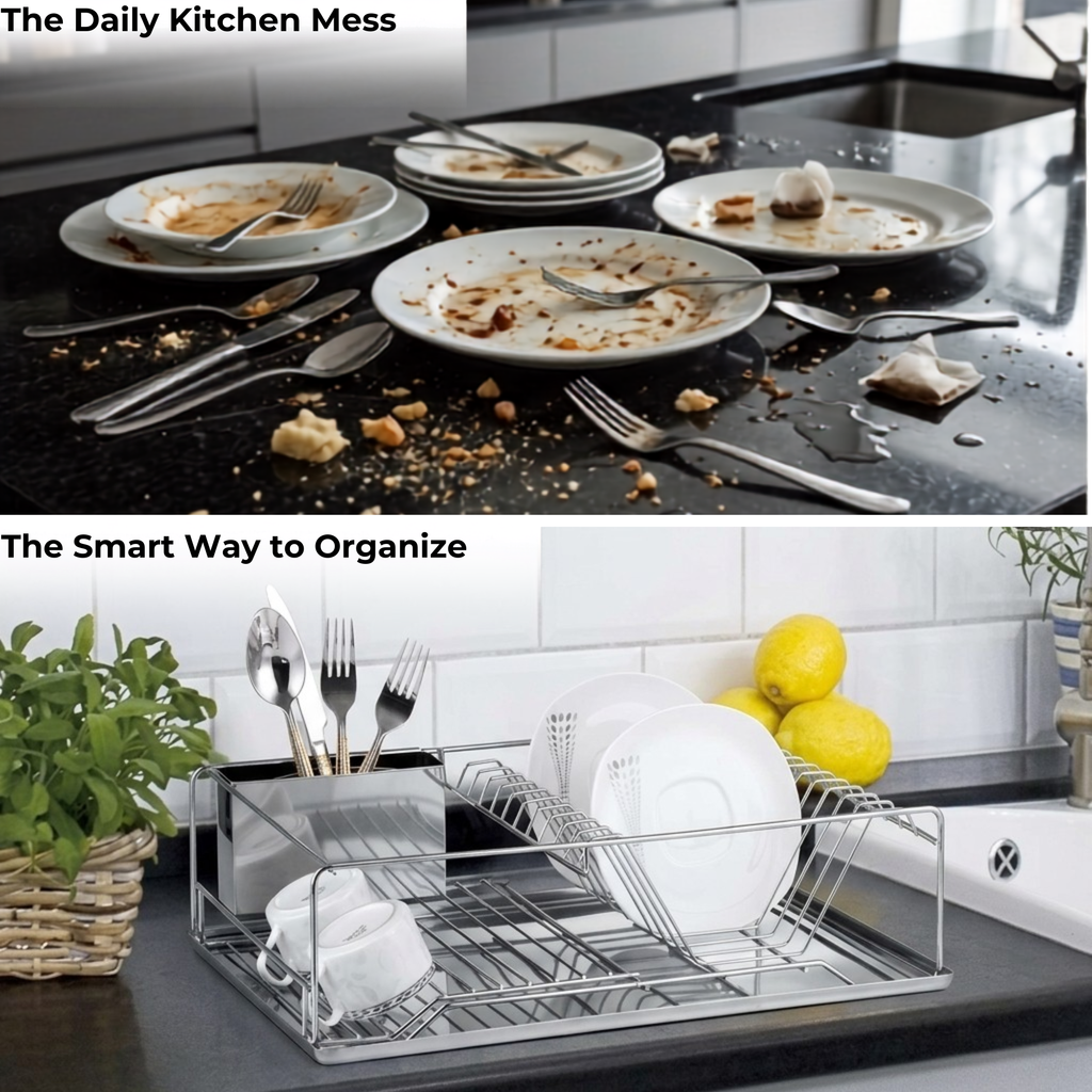 Stainless Rectangular Steel Dish Drainer with Drip Tray and Cutlery Holder(Rectangular with Tray)