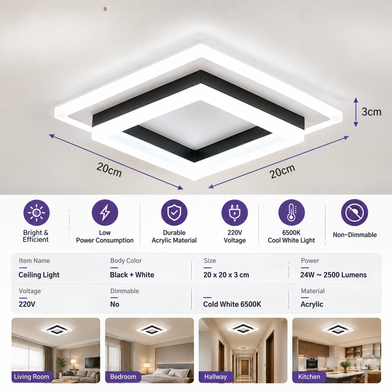 Fingey Modern Square LED Ceiling Light, Black & White Acrylic Flush Mount Light, 6500K Cool White, 220V, Non-Dimmable, 20cm 24W or 30cm 30W