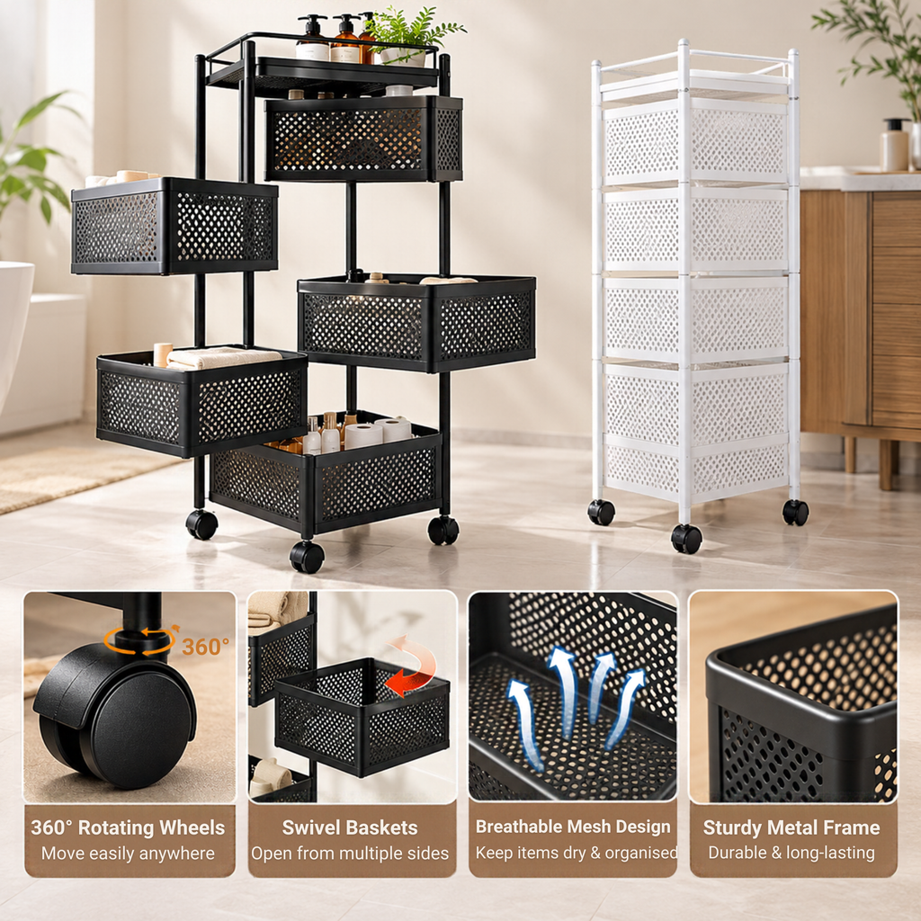 FINGEY Multi-Layer Rotatable Storage Rack, 5-Tier Kitchen Organizer with Removable Vegetable Baskets, Rolling Storage Cart Trolley for Kitchen, Bathroom and Household Storage
