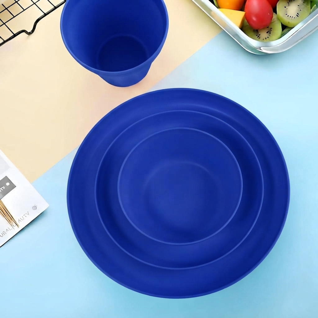 Plastic Dinnerware Set of 16 Pieces, Reusable Light Weight Plates Mugs Bowls Dishes Microwave Safe BPA Free Dishwasher Safe Service for 4 (Blue)