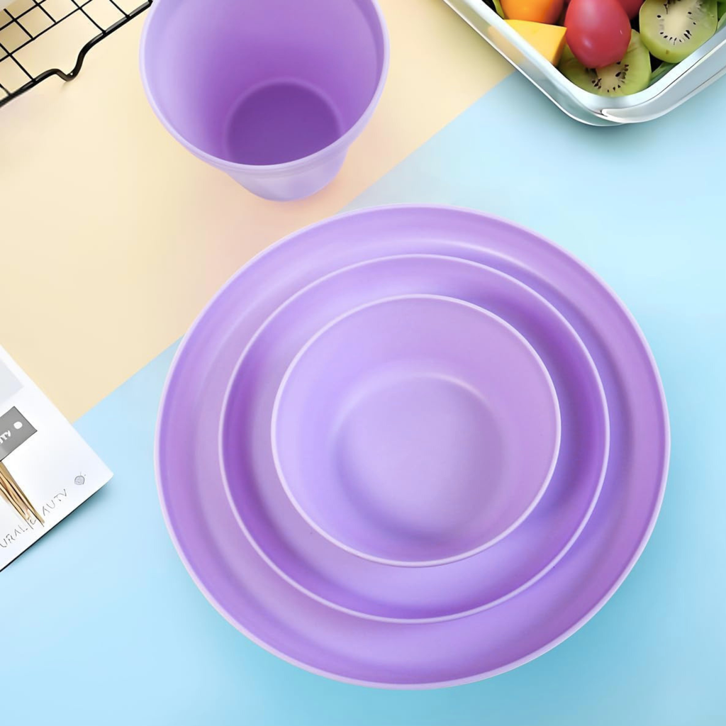 Plastic Dinnerware Set of 16 Pieces, Reusable Light Weight Plates Mugs Bowls Dishes Microwave Safe BPA Free Dishwasher Safe Service for 4 (Purple)