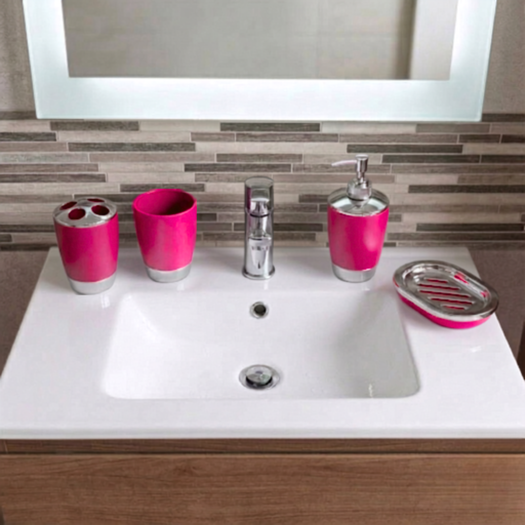 Bathlux Modern Design 6 Piece Bathroom Accessory Set, Toilet Brush, Waste Bin, Soap Dish, Tooth Brush Holder Soap Dispenser, Rinse Cup (Dark Pink)