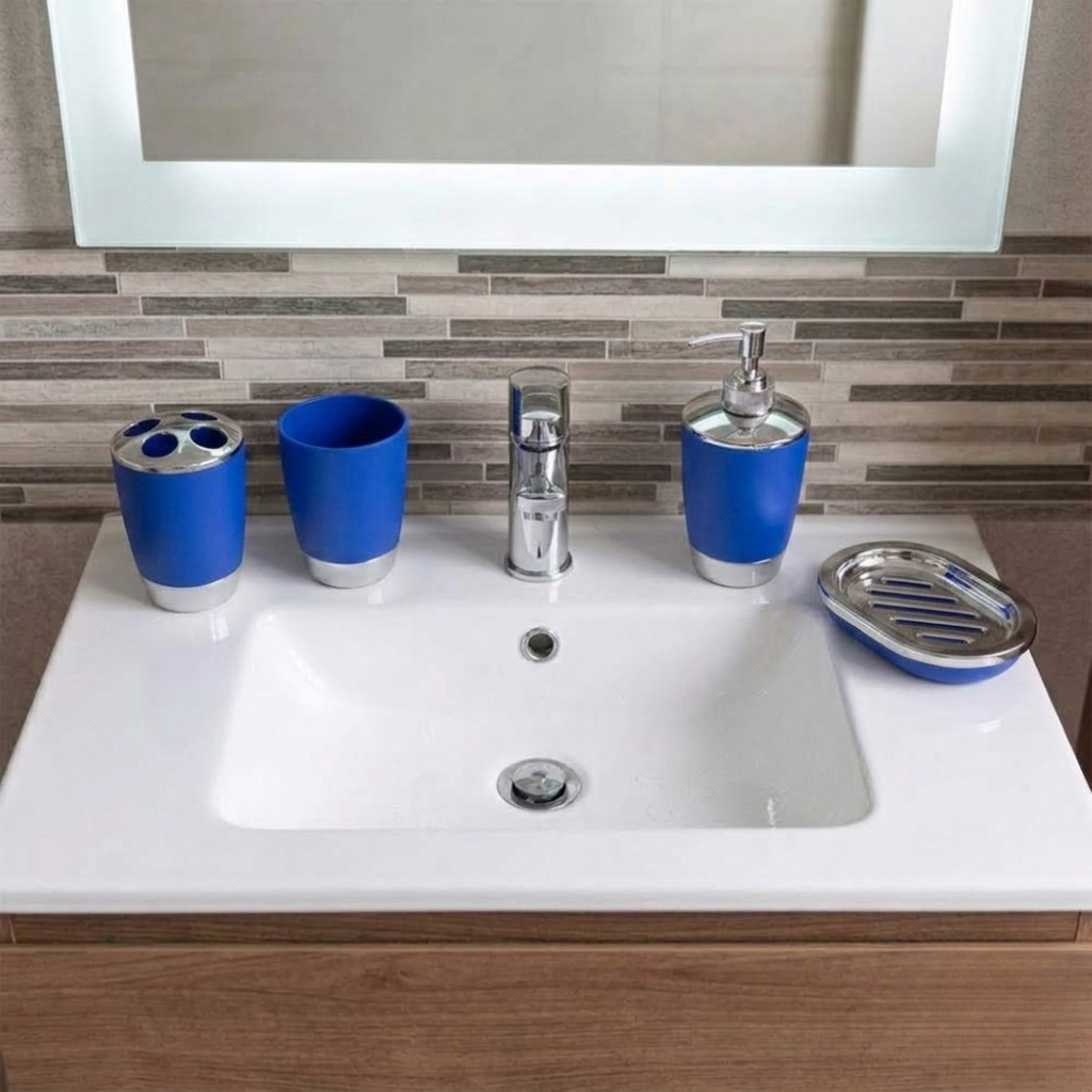 Bathlux Modern Design 6 Piece Bathroom Accessory Set, Toilet Brush, Waste Bin, Soap Dish, Tooth Brush Holder Soap Dispenser, Rinse Cup (Blue)