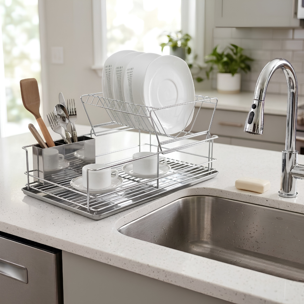 Stainless Steel Dish Drainer with Drip Tray and Cutlery Holder (2 Tier Steel)