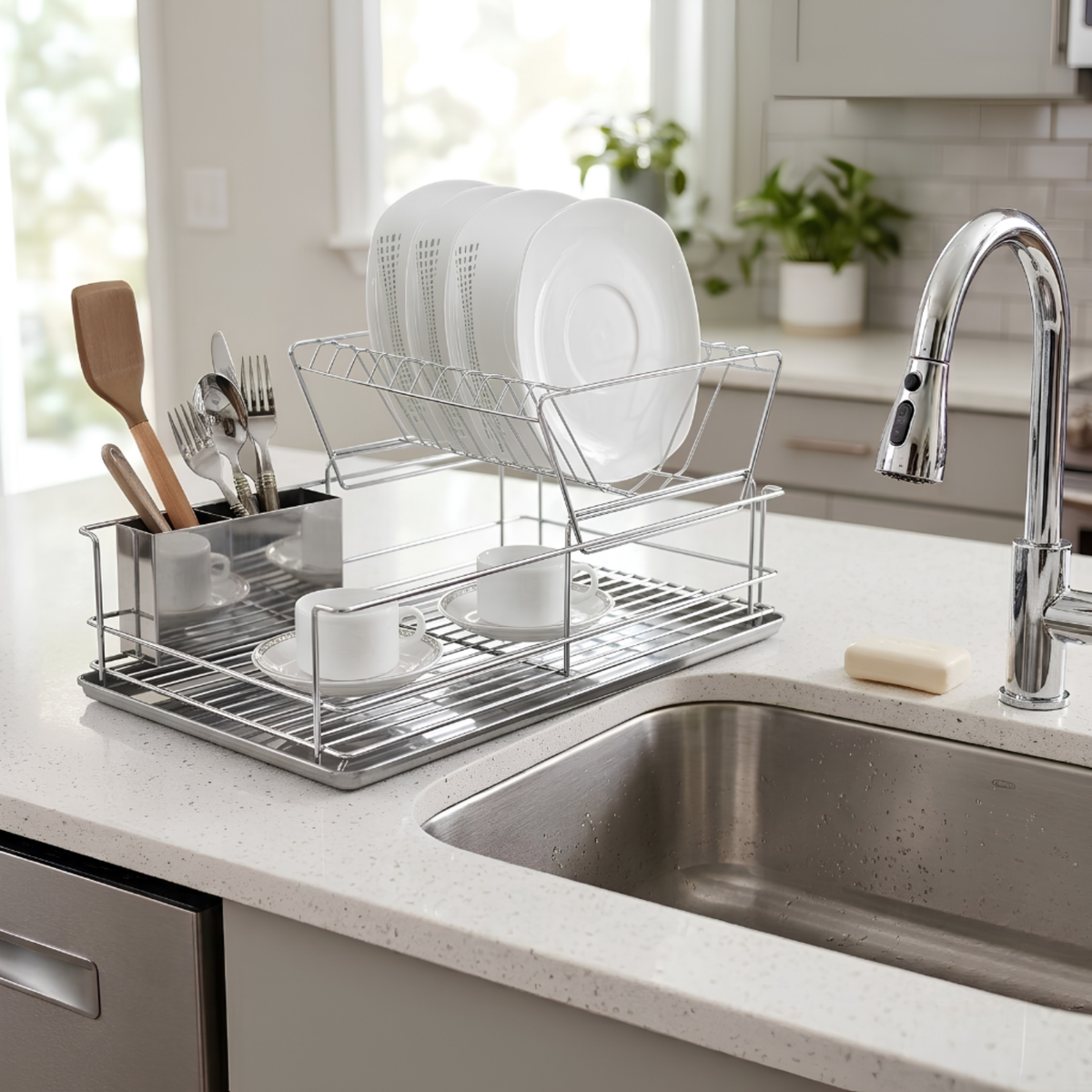 Stainless Steel Dish Drainer with Drip Tray and Cutlery Holder (2 Tier Steel)