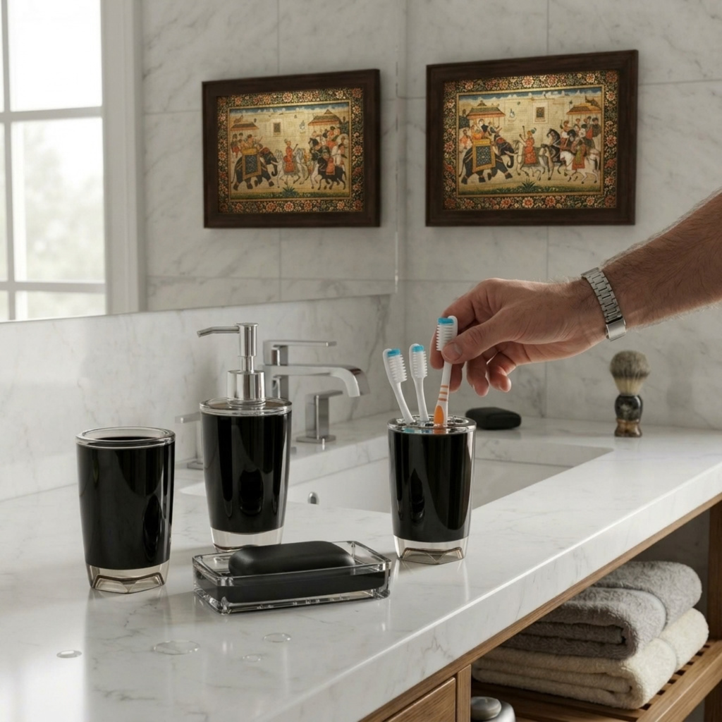 Modern Design 4 Piece Bathroom Accessory Set, Soap Dish, Tooth Brush Holder, Soap Dispenser, Rinse Cup (Black)
