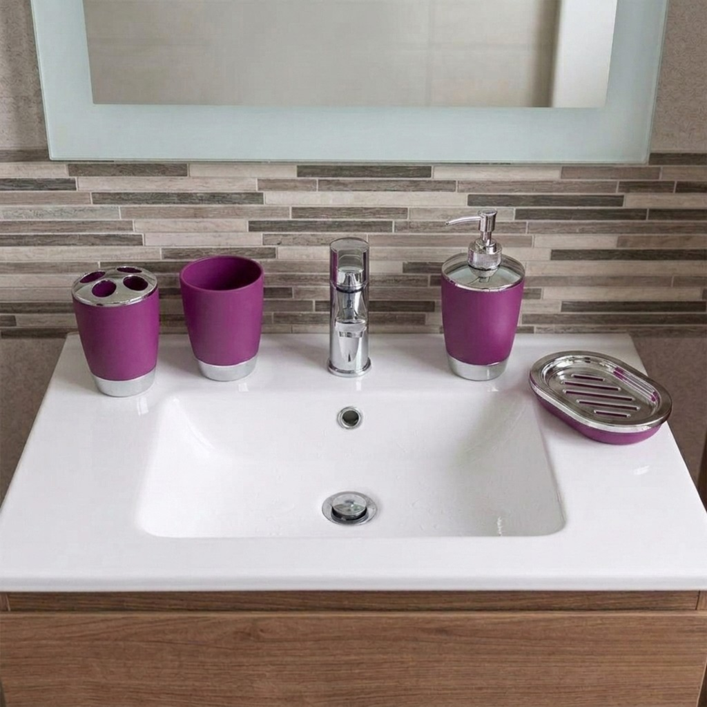 Bathlux Modern Design 6 Piece Bathroom Accessory Set, Toilet Brush, Waste Bin, Soap Dish, Tooth Brush Holder Soap Dispenser, Rinse Cup (Purple)