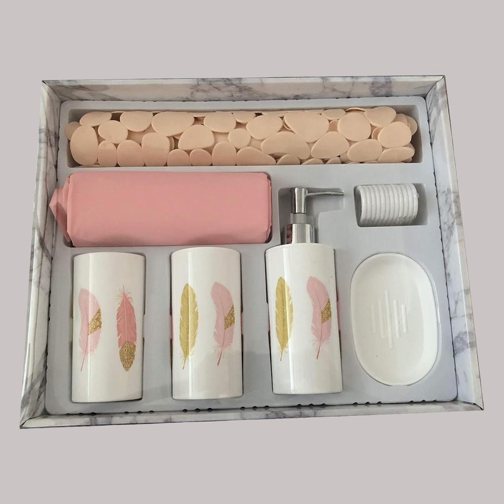 Modern Design 7 Piece Plastic Bathroom Accessory Set, Soap Dish, Tooth Brush Holder, Soap Dispenser, Tumbler, Shower Curtain, Curtain Rings and Bathmat (Pink)