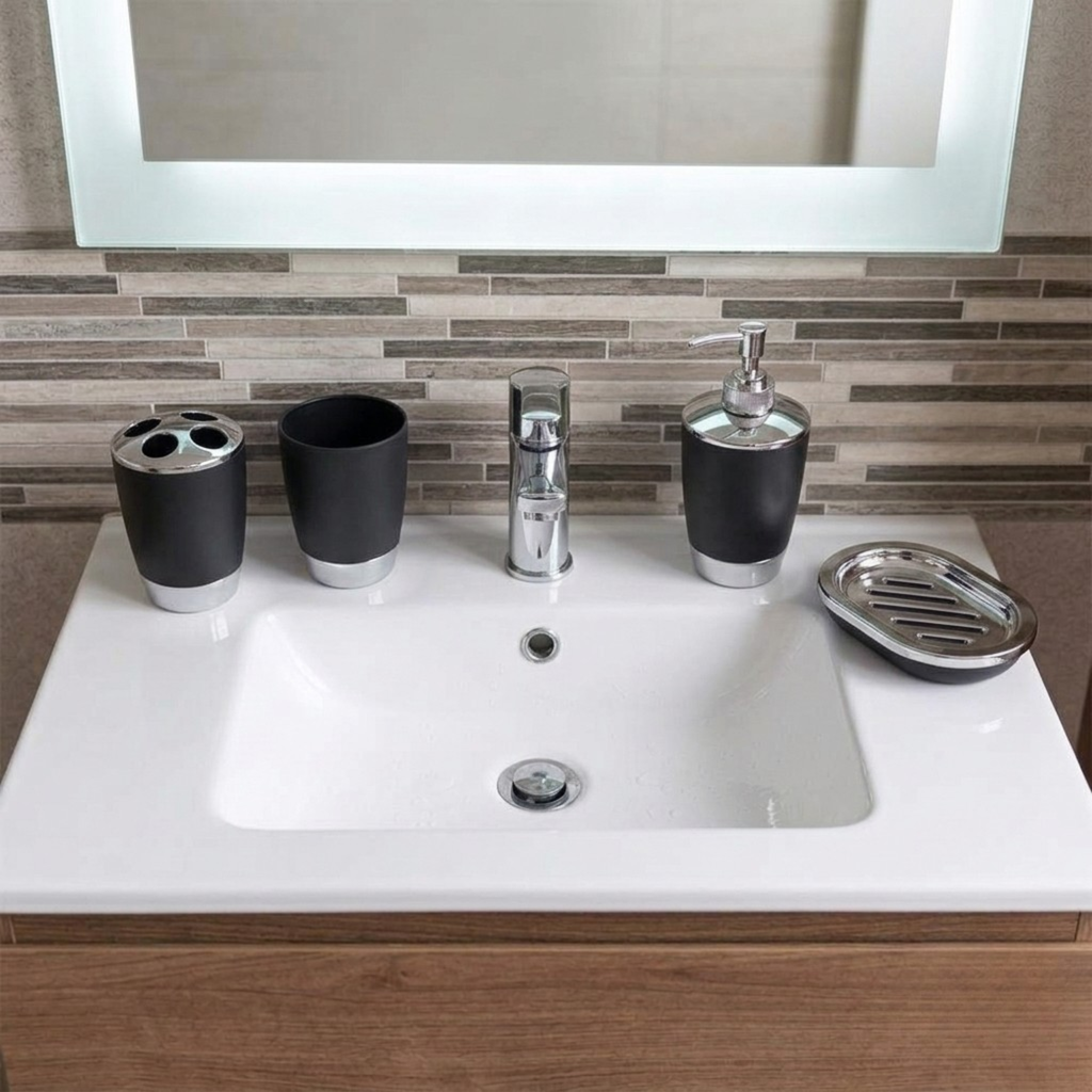 Bathlux Modern Design 6 Piece Bathroom Accessory Set, Toilet Brush, Waste Bin, Soap Dish, Tooth Brush Holder Soap Dispenser, Rinse Cup (Black)