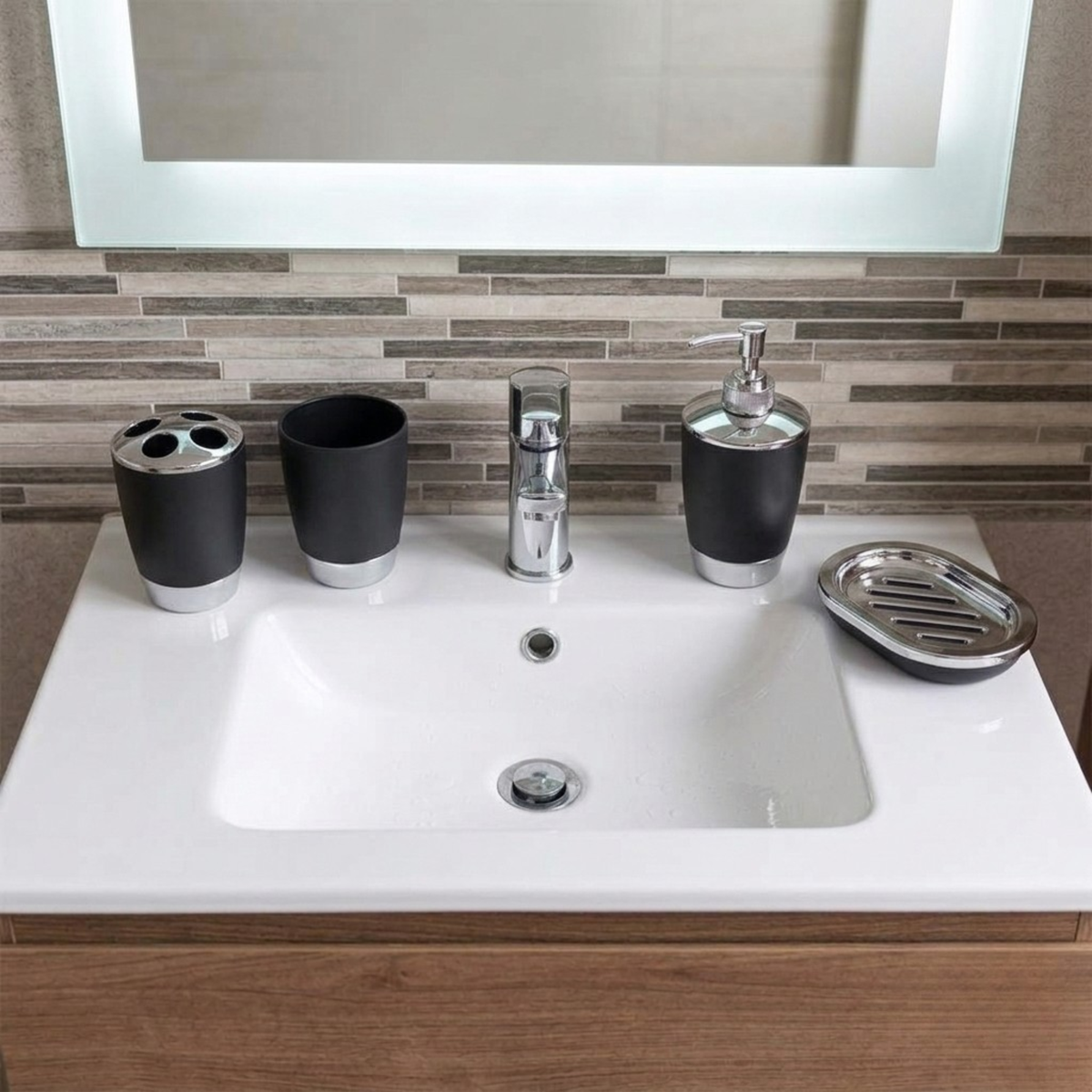 Bathlux Modern Design 6 Piece Bathroom Accessory Set, Toilet Brush, Waste Bin, Soap Dish, Tooth Brush Holder Soap Dispenser, Rinse Cup (Black)