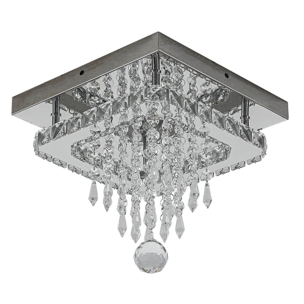 Fingey Crystal Flush Mount Ceiling Light, 25 × 25 cm Square Chrome Finish Ceiling Lamp with K9 Crystal Drops and Faceted Crystal Sphere