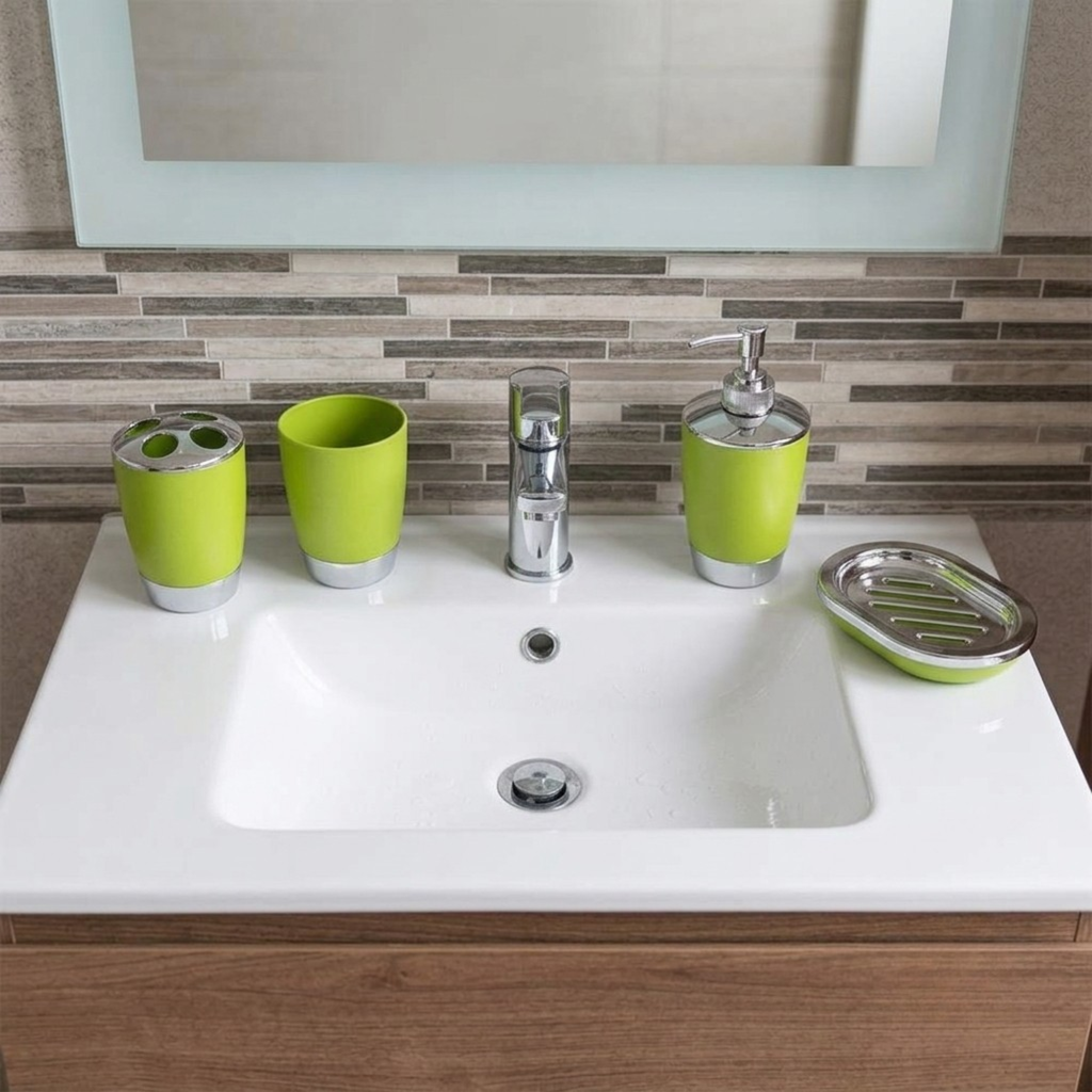 Bathlux Modern Design 6 Piece Bathroom Accessory Set, Toilet Brush, Waste Bin, Soap Dish, Tooth Brush Holder Soap Dispenser, Rinse Cup (Green)