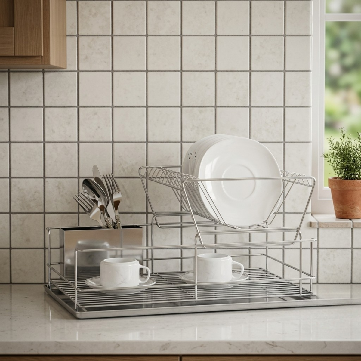 Stainless Steel Dish Drainer with Drip Tray and Cutlery Holder (2 Tier Steel)