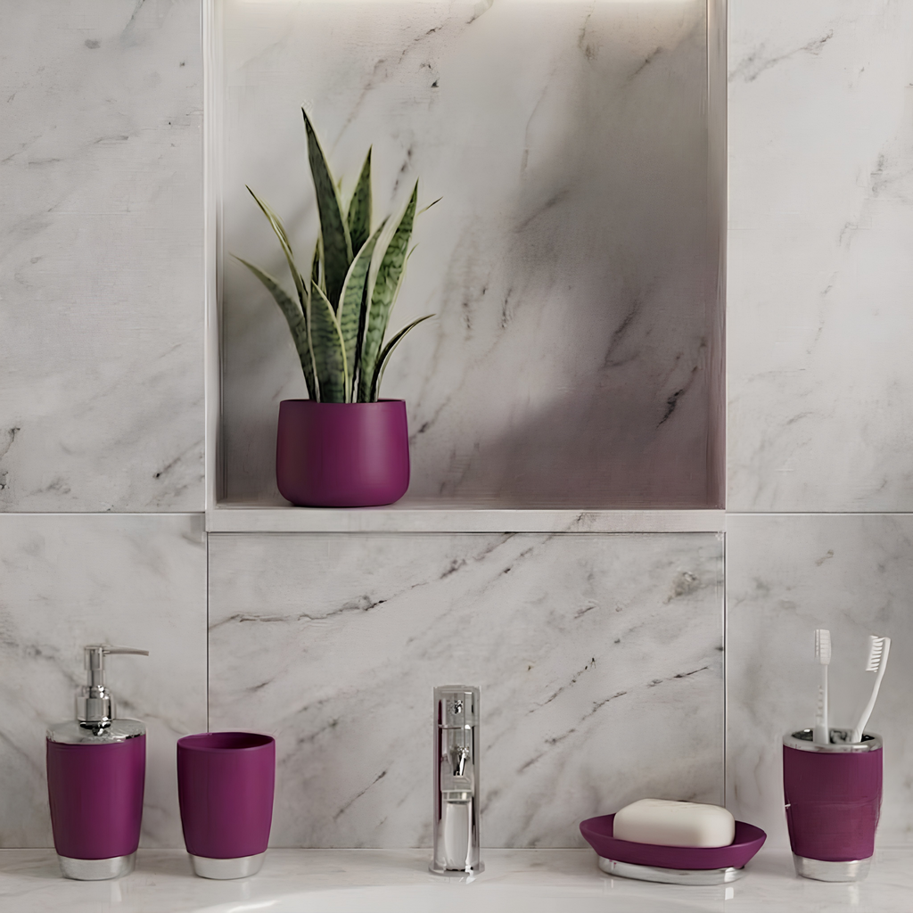 Bathlux Modern Design 6 Piece Bathroom Accessory Set, Toilet Brush, Waste Bin, Soap Dish, Tooth Brush Holder Soap Dispenser, Rinse Cup (Purple)