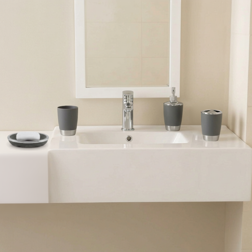 Bathlux Modern Design 6 Piece Bathroom Accessory Set, Toilet Brush, Waste Bin, Soap Dish, Tooth Brush Holder Soap Dispenser, Rinse Cup (Grey)