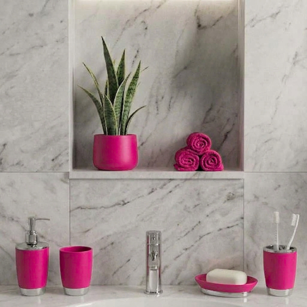 Bathlux Modern Design 6 Piece Bathroom Accessory Set, Toilet Brush, Waste Bin, Soap Dish, Tooth Brush Holder Soap Dispenser, Rinse Cup (Dark Pink)
