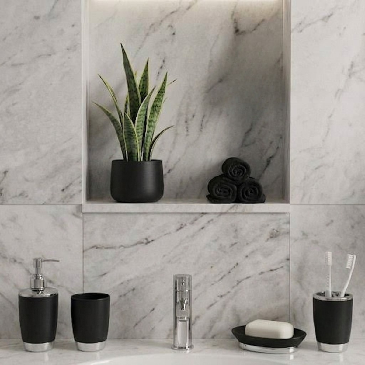 Bathlux Modern Design 6 Piece Bathroom Accessory Set, Toilet Brush, Waste Bin, Soap Dish, Tooth Brush Holder Soap Dispenser, Rinse Cup (Black)