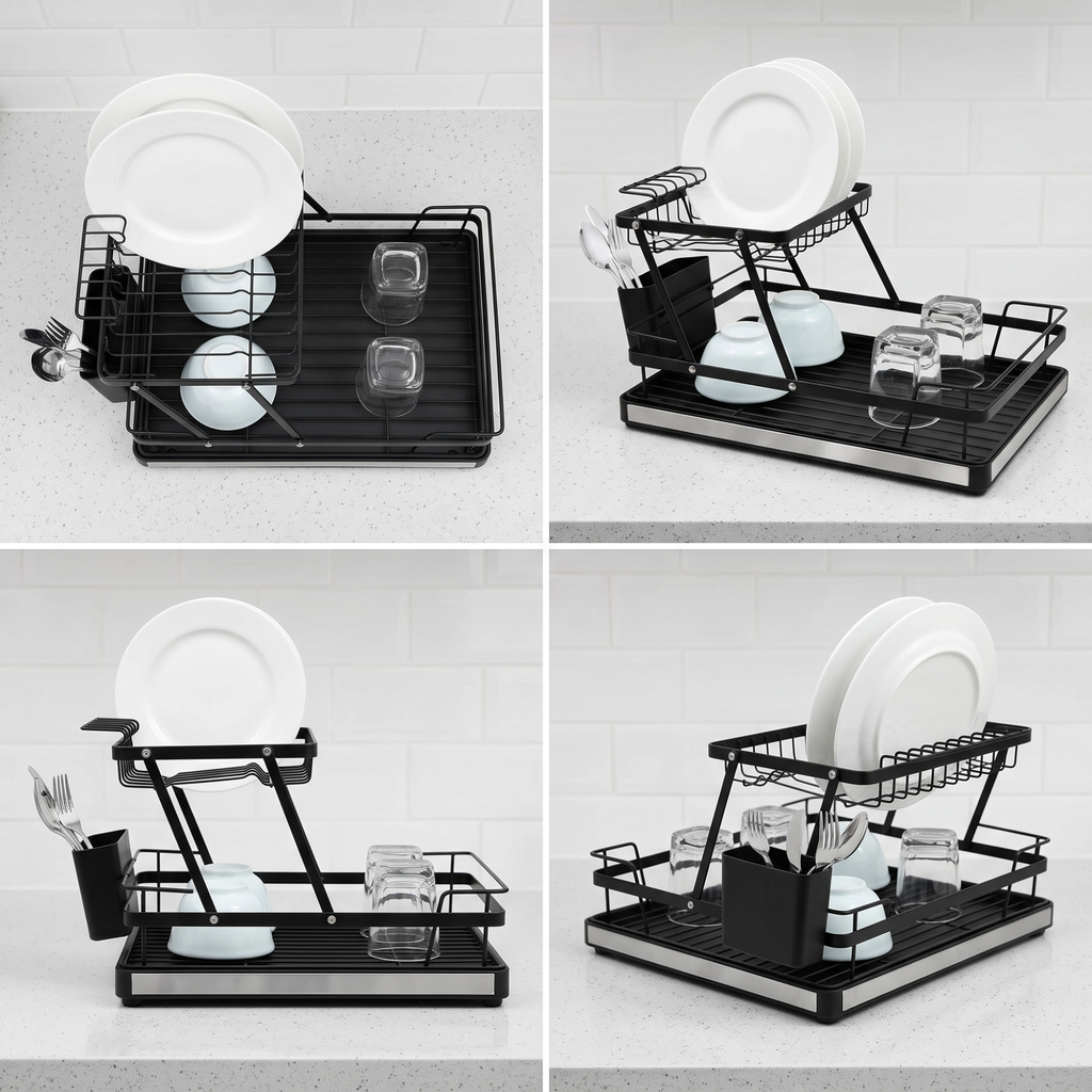 Fingey 2 Tier Folding Dish Drying Rack with Removable Drip Tray, Black Metal Plate Drainer with Cutlery Holder, Space-Saving Foldable Kitchen Dish Rack for Plates, Bowls, Cups and Glasses
