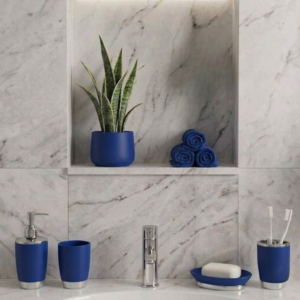 Bathlux Modern Design 6 Piece Bathroom Accessory Set, Toilet Brush, Waste Bin, Soap Dish, Tooth Brush Holder Soap Dispenser, Rinse Cup (Blue)