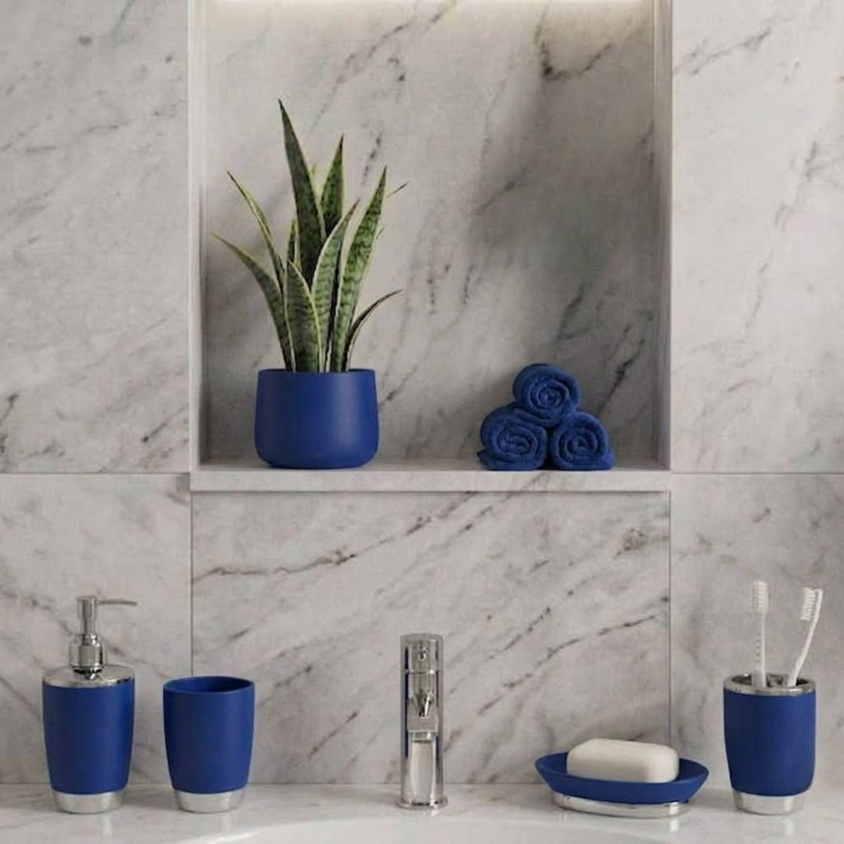 Bathlux Modern Design 6 Piece Bathroom Accessory Set, Toilet Brush, Waste Bin, Soap Dish, Tooth Brush Holder Soap Dispenser, Rinse Cup (Blue)