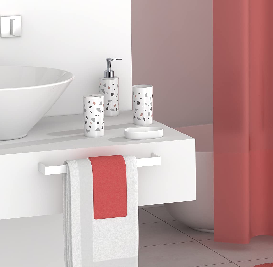 Modern 7-Piece Plastic Bathroom Accessory Set – Soap Dish, Toothbrush Holder, Soap Dispenser, Tumbler, Shower Curtain, Curtain Rings & Bathmat