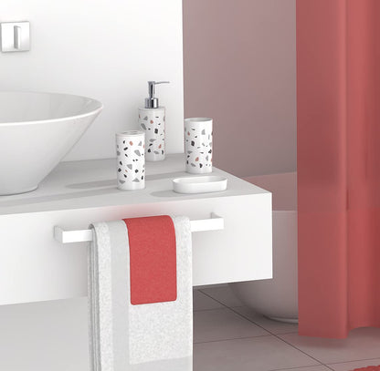 FurnitureXtra Modern Design 7 Piece Plastic Bathroom Accessory Set, Soap Dish, Tooth Brush Holder, Soap Dispenser, Tumbler, Shower Curtain, Curtain Rings and Bathmat