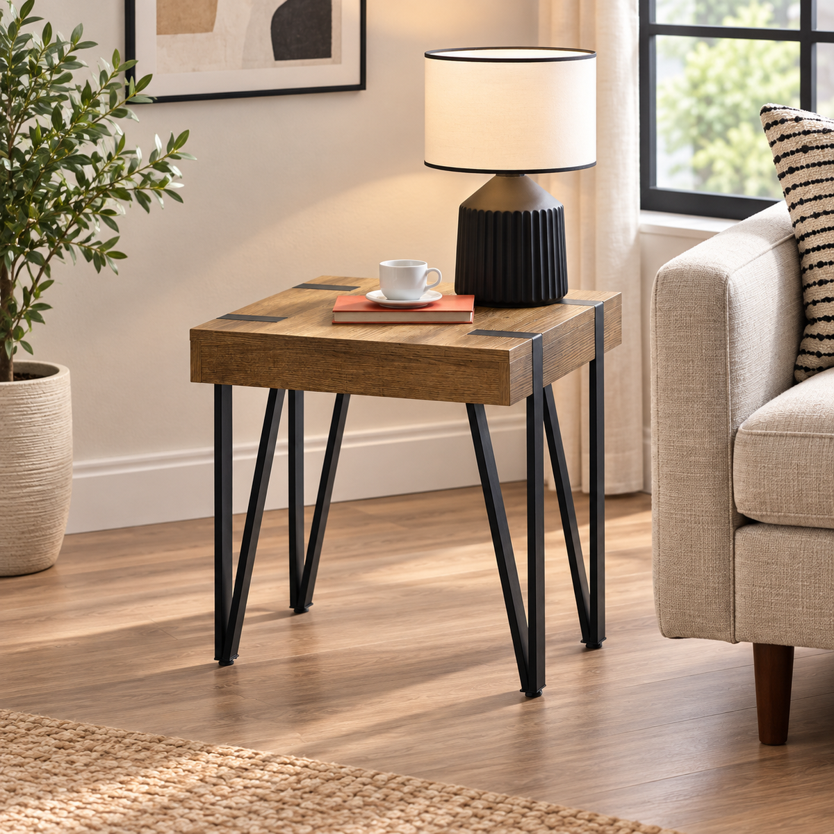 Troy 50cm Square Side Table – Rustic Wood Effect with Black Metal Legs