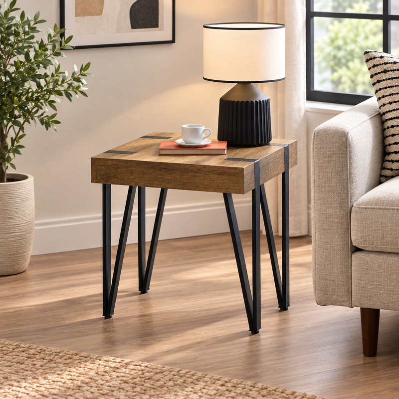 Troy 50cm Square Side Table – Rustic Wood Effect with Black Metal Legs