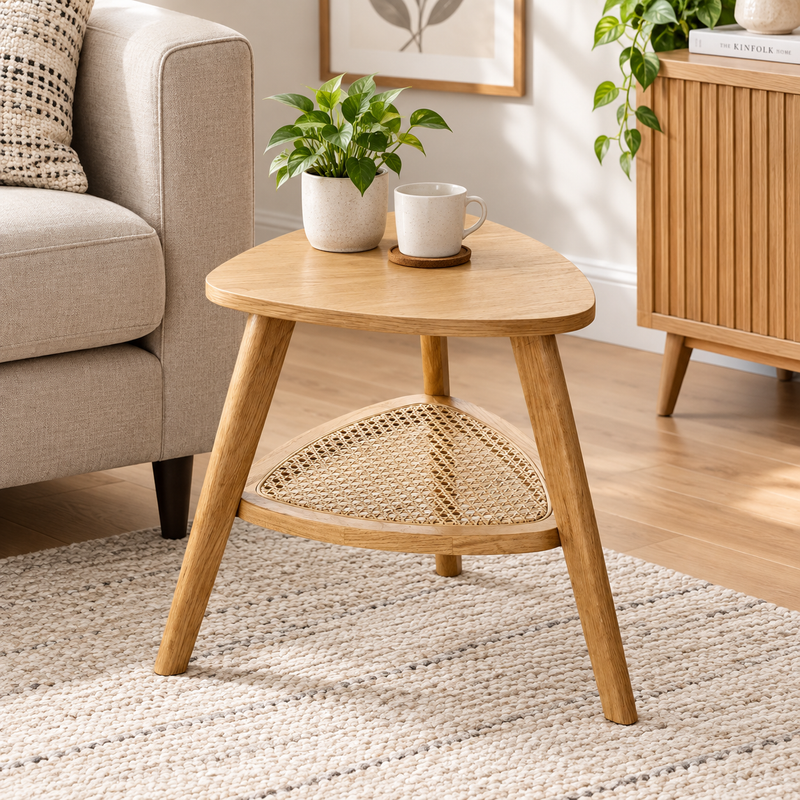 Vera Oak Effect Triangular Side Table with Rattan-Style Shelf – Natural Wood