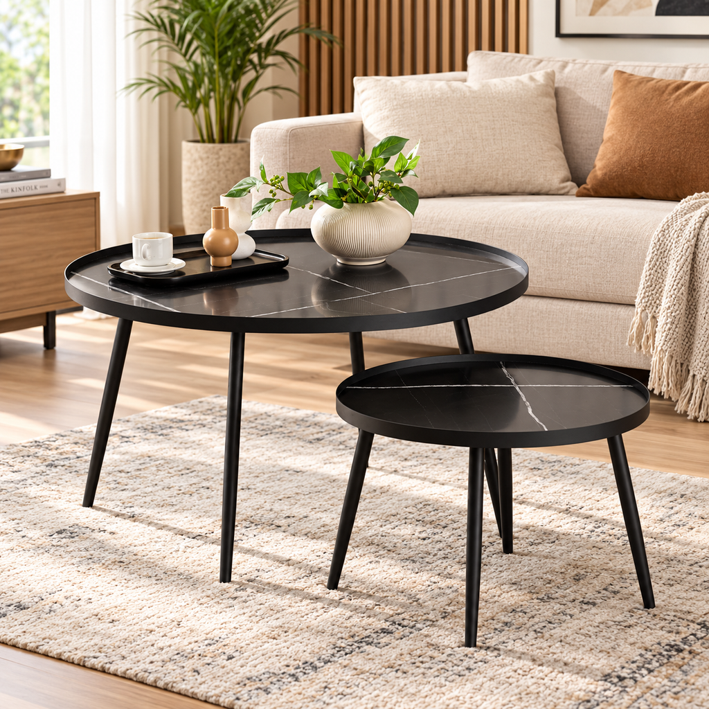 Marlow Black Marble Effect Round Nesting Coffee Tables – Set of 2