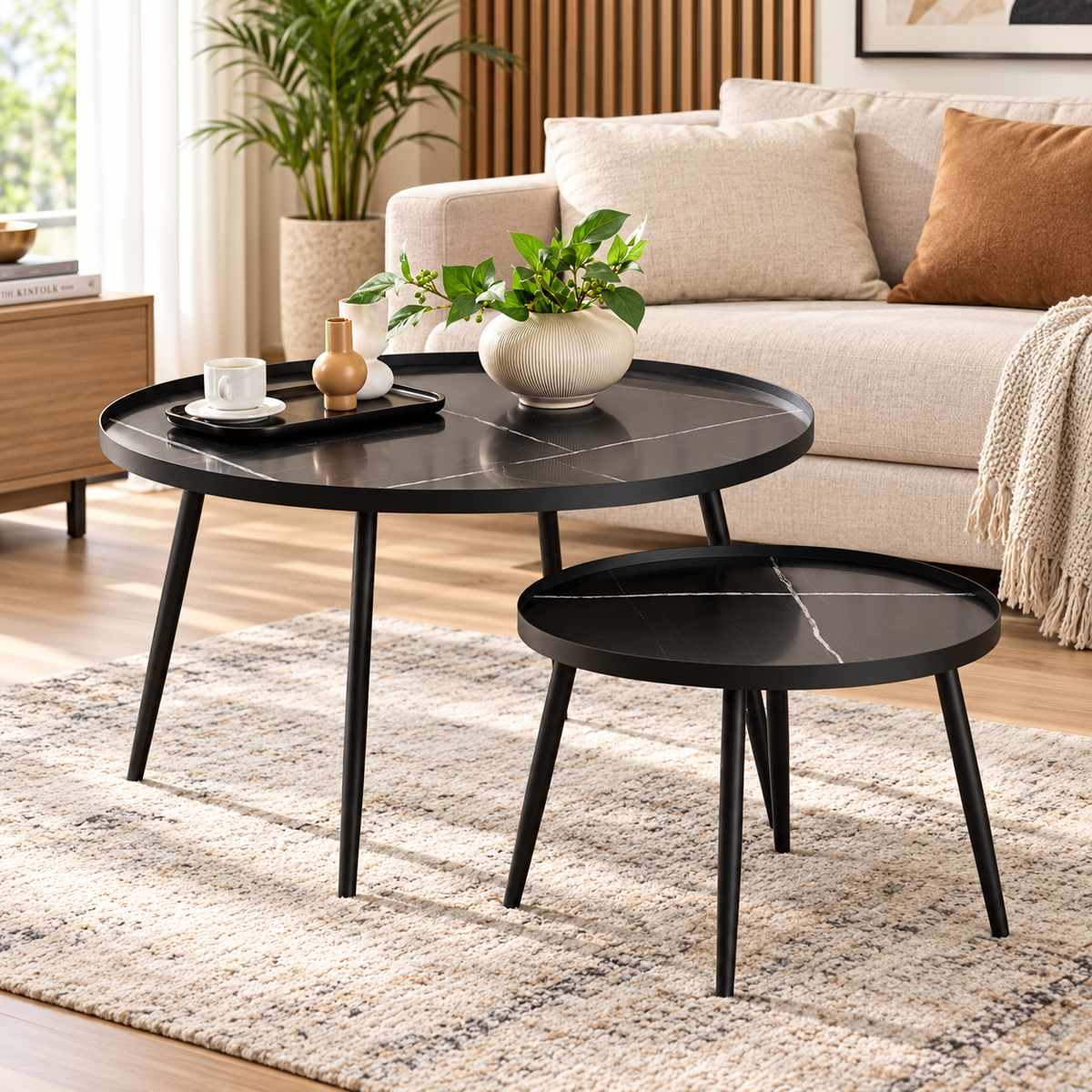 Marlow Black Marble Effect Round Nesting Coffee Tables – Set of 2
