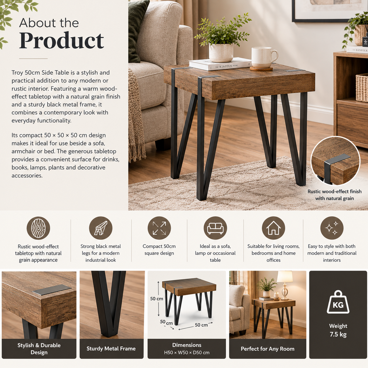 Troy 50cm Square Side Table – Rustic Wood Effect with Black Metal Legs