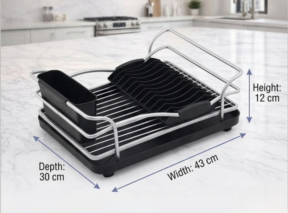 FurnitureXtra Aluminum Dish Drying Rack – Black | Dish Drainer with Drip Tray, Cutlery Holder & Cup Holder