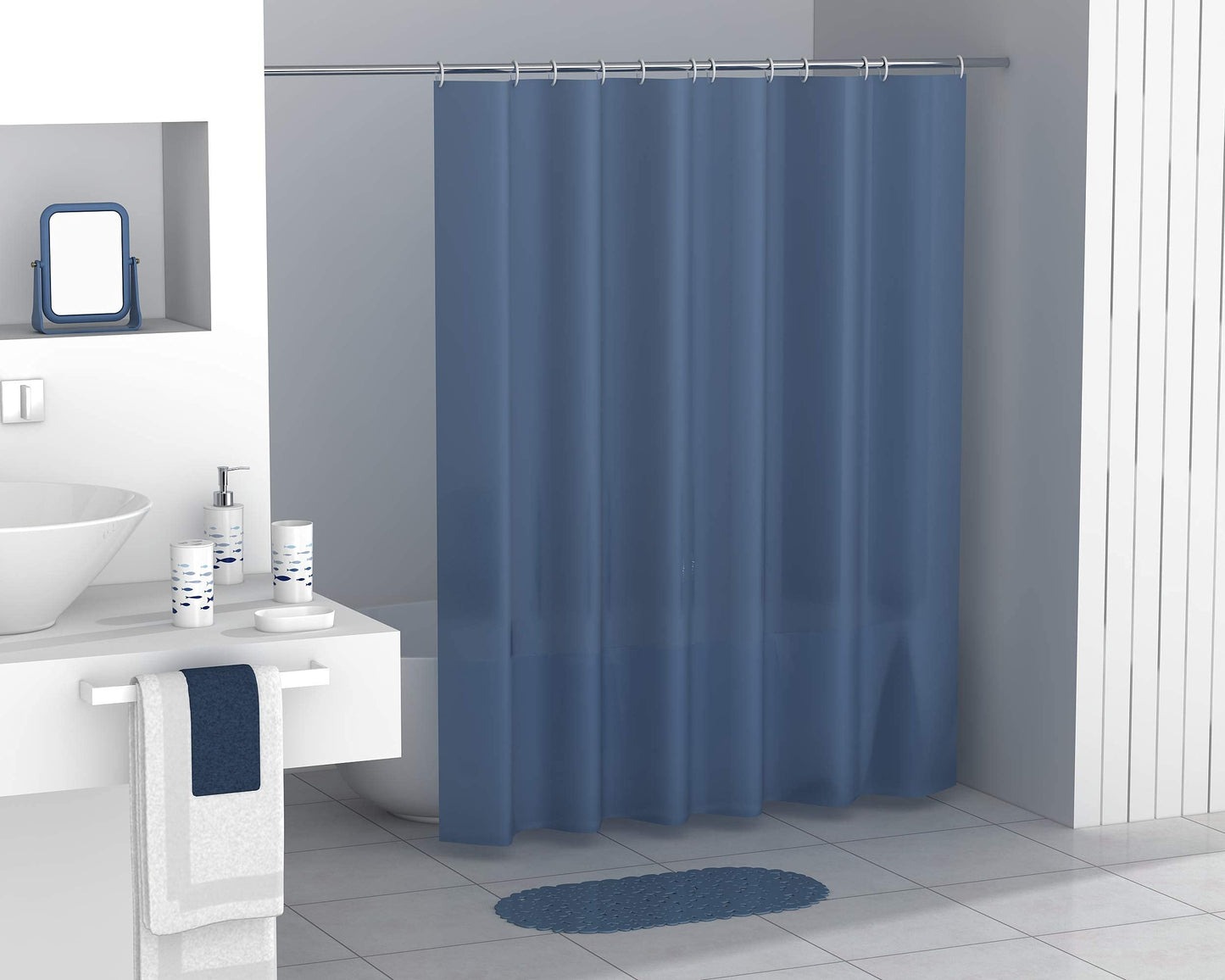 FurnitureXtra Modern Design 7 Piece Plastic Bathroom Accessory Set, Soap Dish, Tooth Brush Holder, Soap Dispenser, Tumbler, Shower Curtain, Curtain Rings and Bathmat