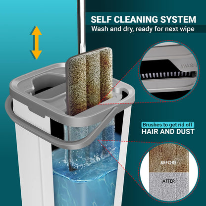 FurnitureXtra Mop and Bucket Set. Microfibre Flat Mop for Wet & Dry with Stainless Steel Handle, Twin Chamber Bucket Suitable for All Floor