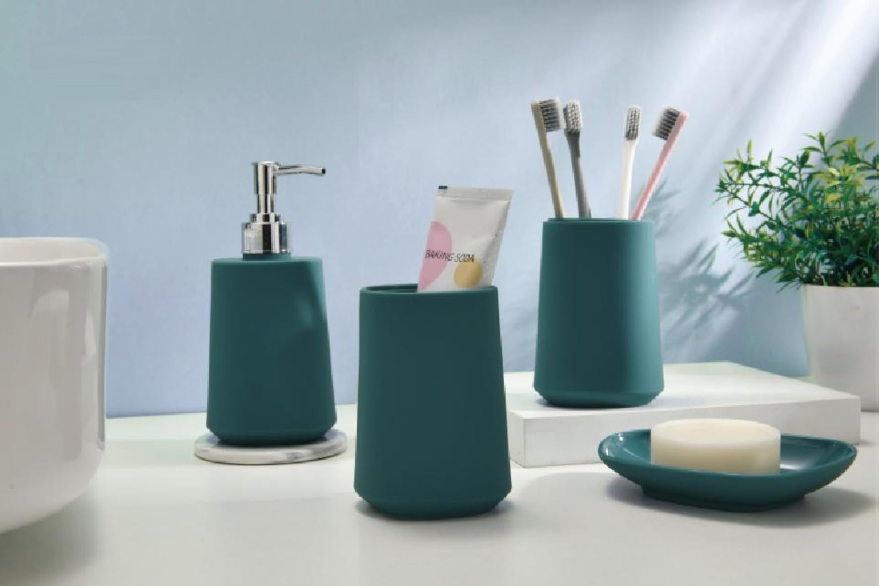 Fingey 4-Piece Modern Bathroom Accessory Set – Soap Dish, Toothbrush Holder, Soap Dispenser & Rinse Cup (White)