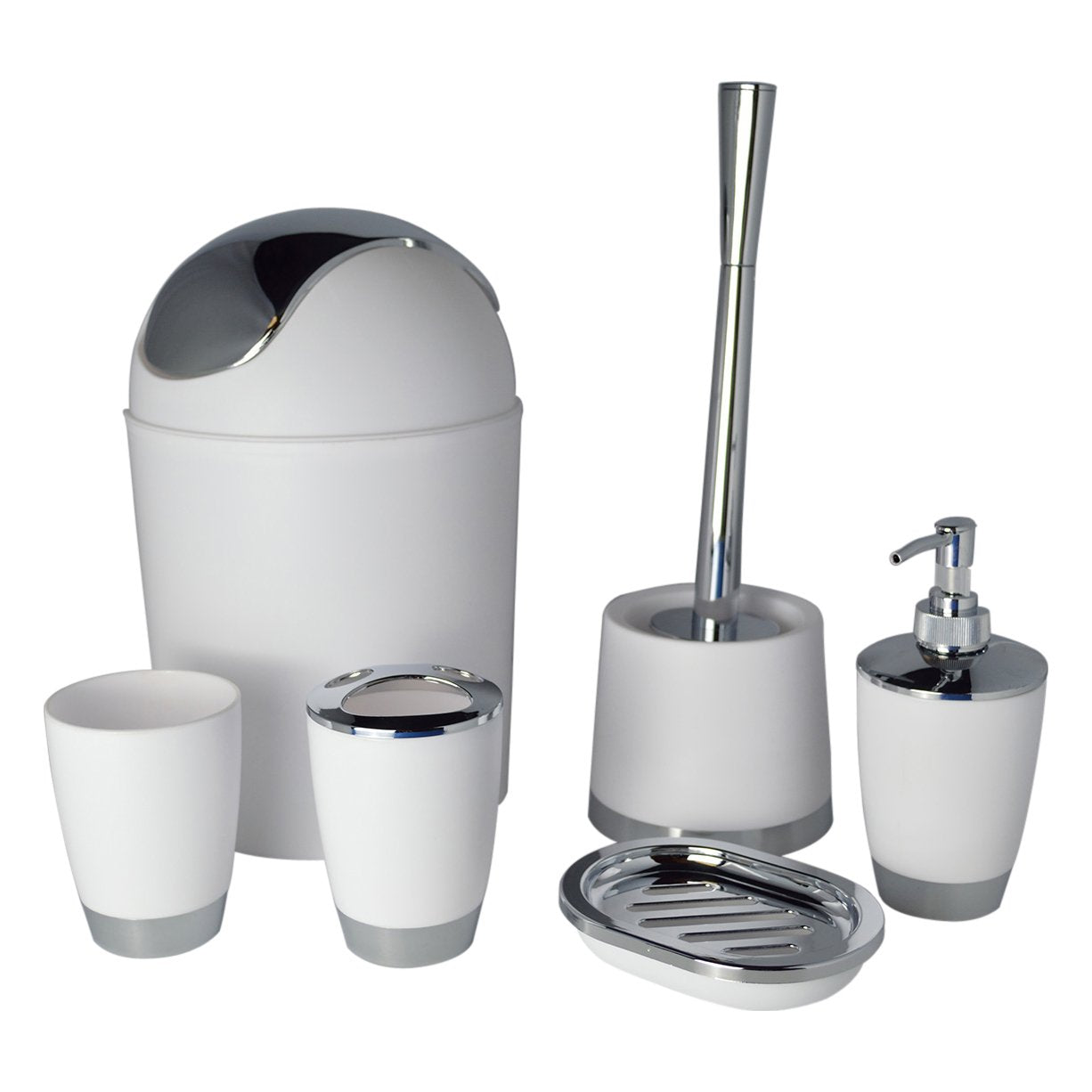 Modern 6-Piece Bathroom Accessory Set – Toilet Brush, Waste Bin, Soap Dish, Toothbrush Holder, Soap Dispenser & Rinse Cup