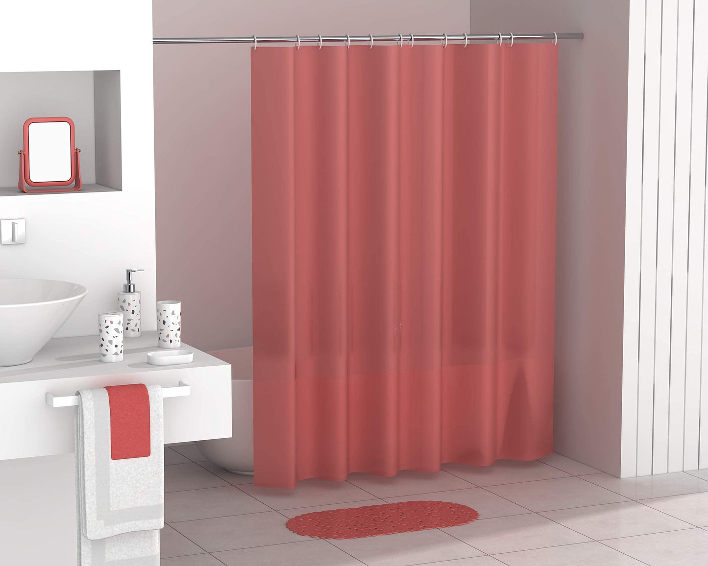 FurnitureXtra Modern Design 7 Piece Plastic Bathroom Accessory Set, Soap Dish, Tooth Brush Holder, Soap Dispenser, Tumbler, Shower Curtain, Curtain Rings and Bathmat