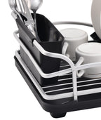 FurnitureXtra Aluminum Dish Drying Rack – Black | Dish Drainer with Drip Tray, Cutlery Holder & Cup Holder