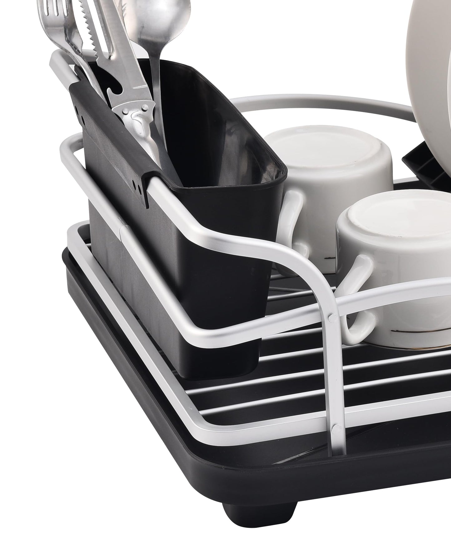 FurnitureXtra Aluminum Dish Drainer, Dish Drying Rack with Removable Drip Tray, Storage Draining Board, Cutlery Holder & Cup Holder, Black