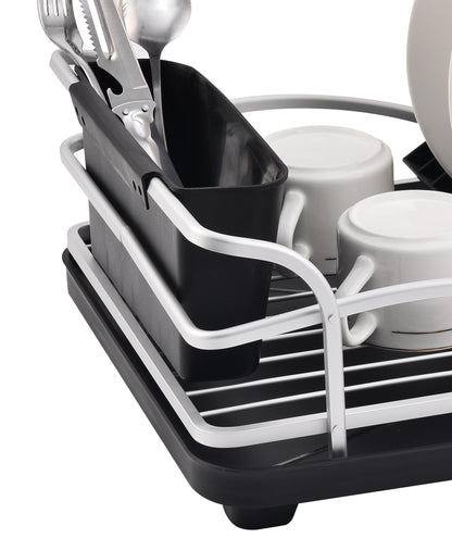 FurnitureXtra Aluminum Dish Drainer, Dish Drying Rack with Removable Drip Tray, Storage Draining Board, Cutlery Holder & Cup Holder, Black
