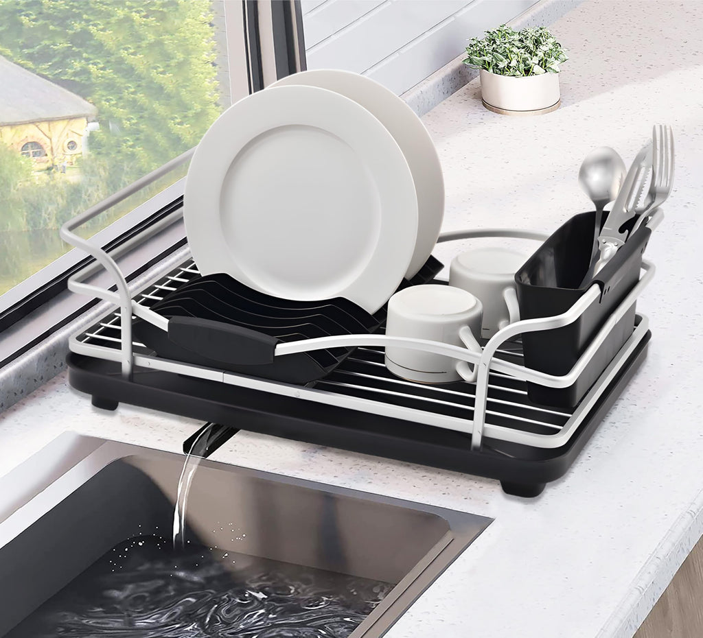 FurnitureXtra Aluminum Dish Drying Rack – Black | Dish Drainer with Drip Tray, Cutlery Holder & Cup Holder